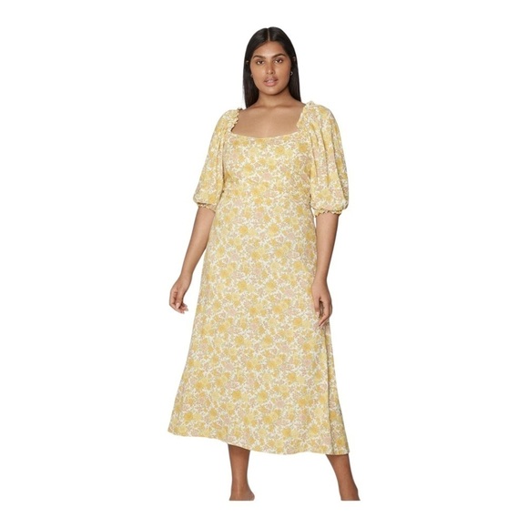 NWT FAITHFULL THE BRAND Juniper Yellow Floral Puff Sleeve Midi Dress US 2/ XS - Picture 2 of 9
